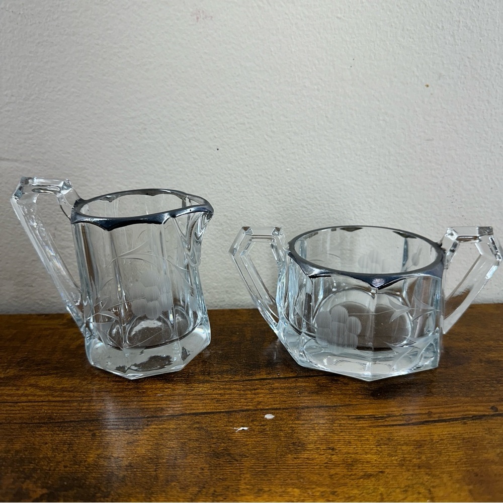 Vintage Heisey Quator Glass Creamer Sugar Bowl Set‎ Art Deco Paneled Clear 1913